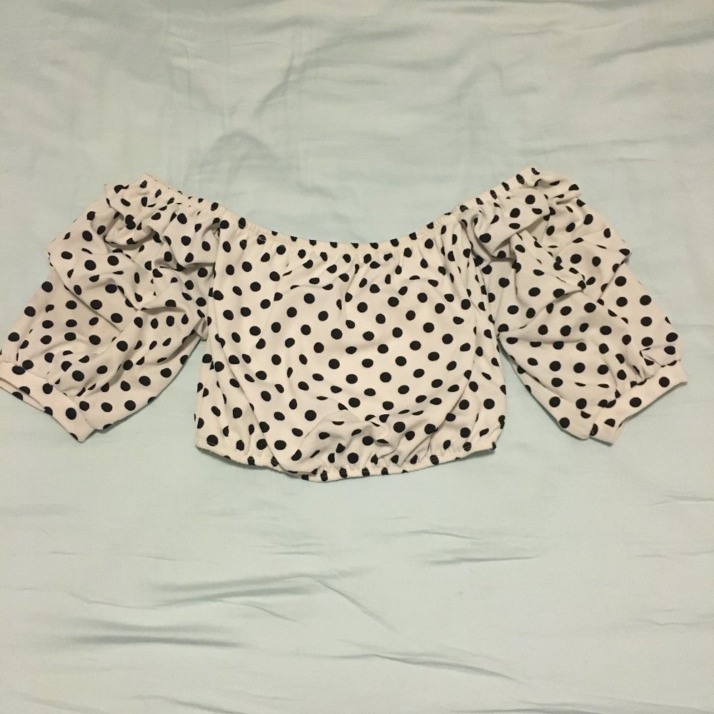 Cropped polka dot off the shoulder smocked top